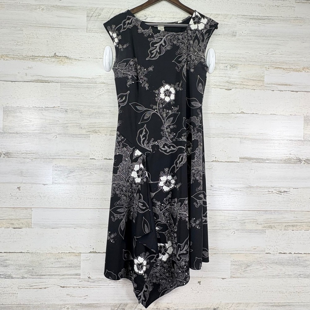 Dressbarn Black Floral Print Midi Dress Sleeveless Asymmetrical Hem Size 10